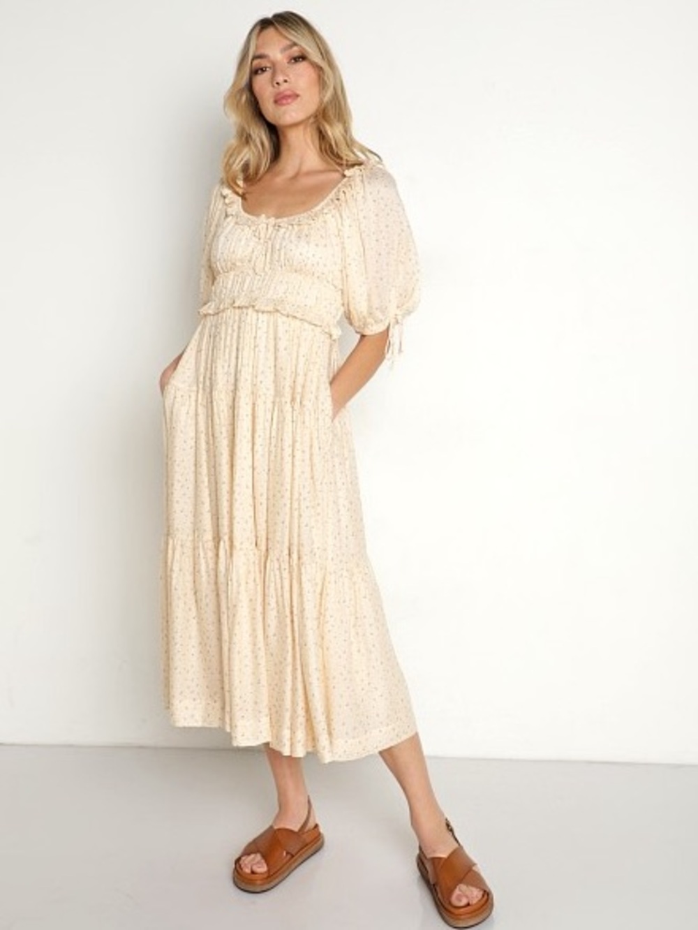 En Saison Cream Midi Peasant Dress with Subtle Dot Print